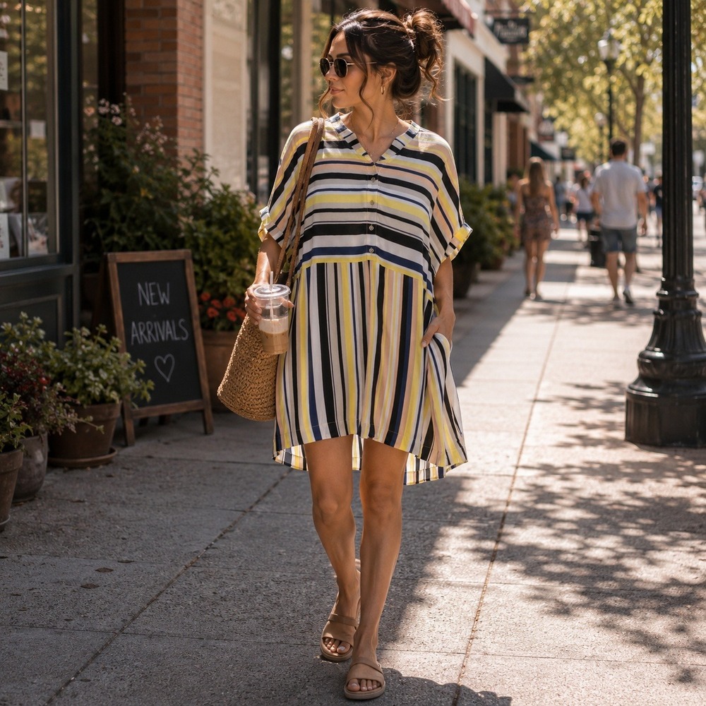 Peter Som Naxos Women Striped Tunic Dress Yellow Black Short Sleeve Pocket Large